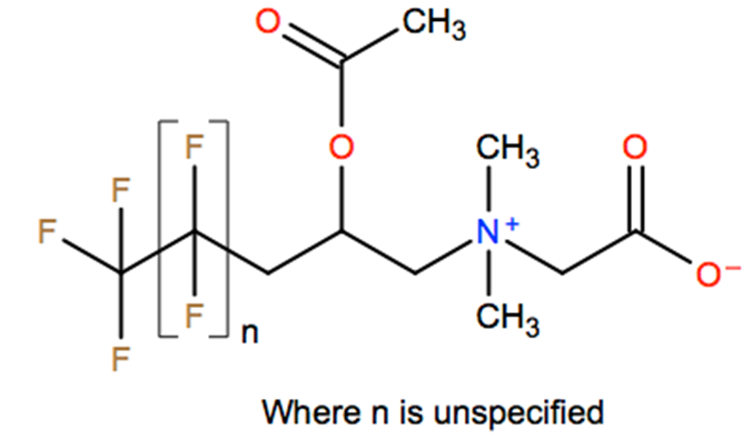Structural representation of Poly(difluoromethylene), α-[2-(acetyloxy)-3-[(carboxymethyl)dimethylammonio]propyl]-ω-fluoro-, inner salt