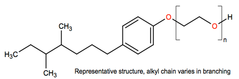 Structural representation of Poly(oxy-1,2-ethanediyl), α-(4-nonylphenyl)-ω-hydroxy-, branched