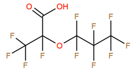 Structural representation of Hexafluoropropylene oxide dimer acid