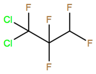 Structural representation of 1,1-Dichloro-1,2,2,3,3-pentafluoropropane (HCFC-225cc)