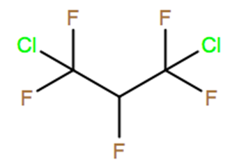 Structural representation of 1,3-Dichloro-1,1,2,3,3-pentafluoropropane (HCFC-225ea)