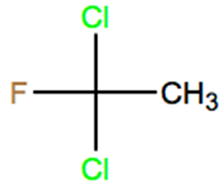 Structural representation of 1,1-Dichloro-1-fluoroethane (HCFC-141b)