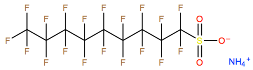 Structural representation of 1-Nonanesulfonic acid, 1,1,2,2,3,3,4,4,5,5,6,6,7,7,8,8,9,9,9-nonadecafluoro-, ammonium salt