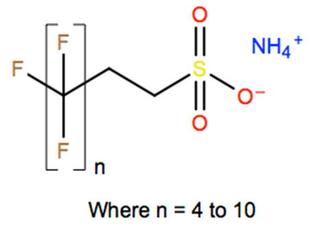 Structural representation of Sulfonic acids, C6-12-alkane, γ-ω-perfluoro, ammonium salts