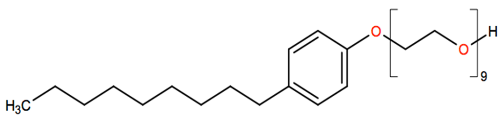 Structural representation of 3,6,9,12,15,18,21,24-Octaoxahexacosan-1-ol, 26-(nonylphenoxy)-
