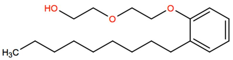 Structural representation of Ethanol, 2-[2-(nonylphenoxy)ethoxy]-