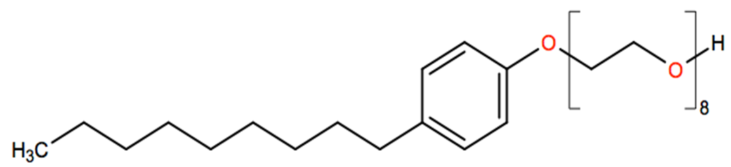 Structural representation of 3,6,9,12,15,18,21-Heptaoxatricosan-1-ol, 23-(nonylphenoxy)-