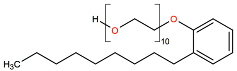 Structural representation of 3,6,9,12,15,18,21,24,27-Nonaoxanonacosan-1-ol, 29-(nonylphenoxy)-