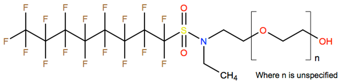 Structural representation of Poly(oxy-1,2-ethanediyl), α-[2-[ethyl[(heptadecafluorooctyl)sulfonyl]amino]ethyl]-ω-hydroxy-