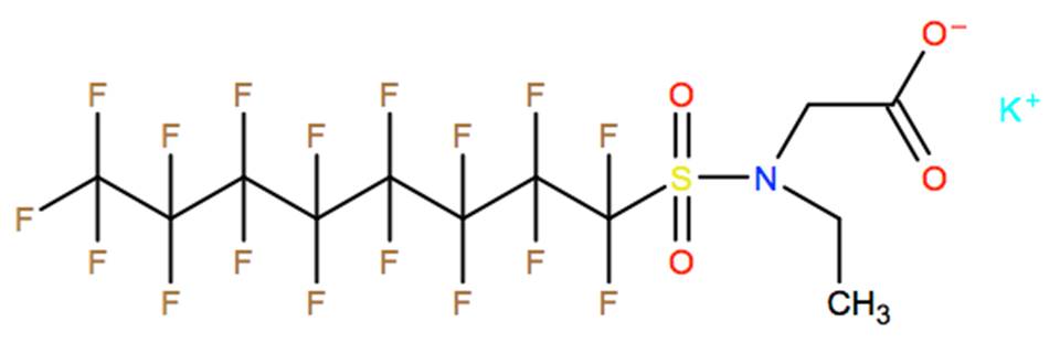 Structural representation of Glycine, N-ethyl-N-[(heptadecafluorooctyl)sulfonyl]-, potassium salt