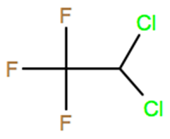 Structural representation of 2,2-Dichloro-1,1,1-trifluoroethane (HCFC-123)