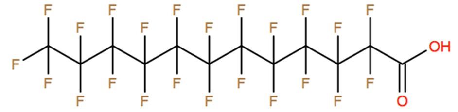 Structural representation of Perfluorododecanoic acid