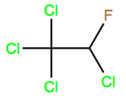 Structural representation of 1,1,1,2-Tetrachloro-2-fluoroethane (HCFC-121a)
