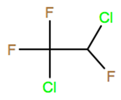Structural representation of 1,2-Dichloro-1,1,2-trifluoroethane (HCFC-123a)