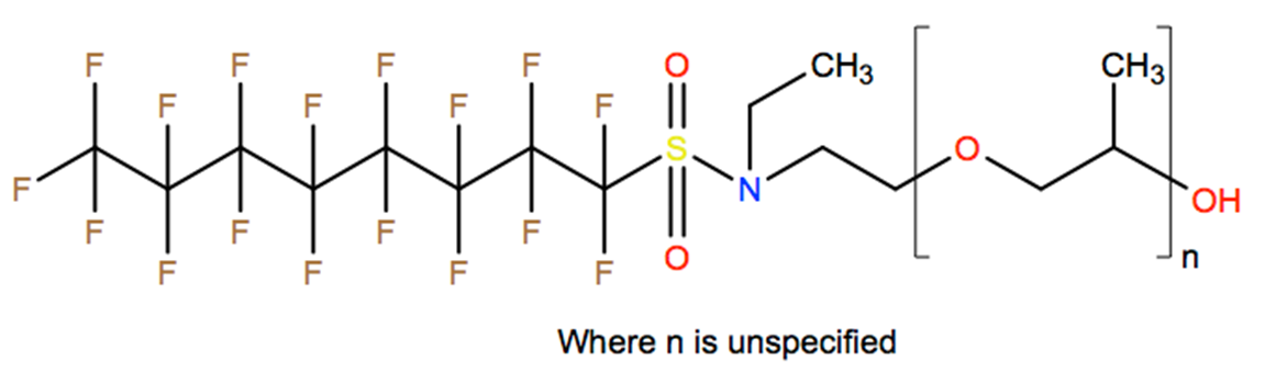 Structural representation of Poly[oxy(methyl-1,2-ethanediyl)], α-[2-[ethyl[(heptadecafluorooctyl)sulfonyl]amino]ethyl]-ω-hydroxy-