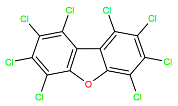 Structural representation of 1,2,3,4,6,7,8,9-Octachlorodibenzofuran