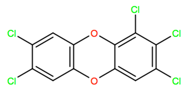 Structural representation of 1,2,3,7,8-Pentachlorodibenzo-p-dioxin