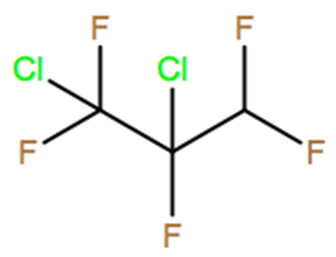 Structural representation of 1,2-Dichloro-1,1,2,3,3-pentafluoropropane (HCFC-225bb)