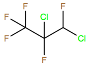 Structural representation of 2,3-Dichloro-1,1,1,2,3-pentafluoropropane (HCFC-225ba)