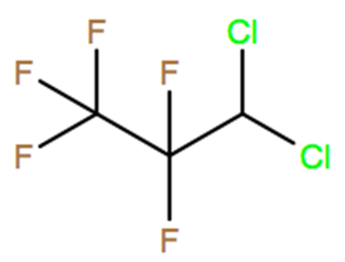 Structural representation of 3,3-Dichloro-1,1,1,2,2-pentafluoropropane (HCFC-225ca)
