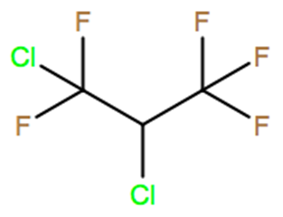 Structural representation of 1,2-Dichloro-1,1,3,3,3-pentafluoropropane (HCFC-225da)