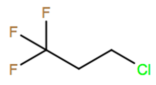 Structural representation of 3-Chloro-1,1,1-trifluoropropane (HCFC-253fb)