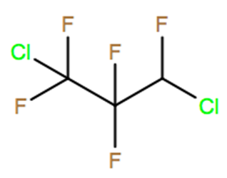 Structural representation of 1,3-Dichloro-1,1,2,2,3-pentafluoropropane (HCFC-225cb)