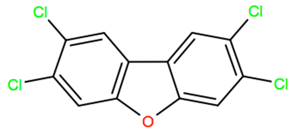 Structural representation of 2,3,7,8-Tetrachlorodibenzofuran
