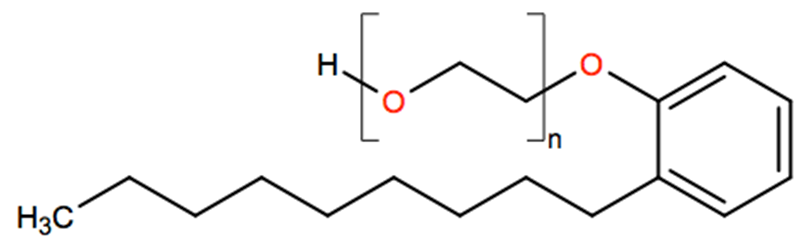 Structural representation of Poly(oxy-1,2-ethanediyl), α (2-nonylphenyl)-ω-hydroxy-