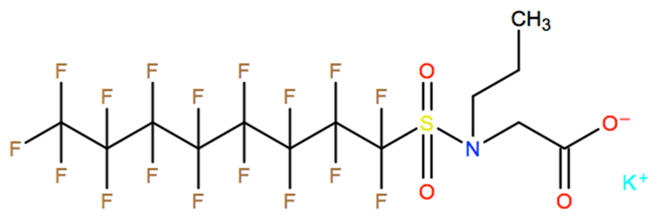 Structural representation of Glycine, N-[(heptadecafluorooctyl)sulfonyl]-N-propyl-, potassium salt