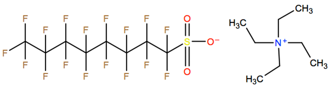 Structural representation of Ethanaminium, N,N,N-triethyl-, salt with 1,1,2,2,3,3,4,4,5,5,6,6,7,7,8,8,8-heptadecafluoro-1-octanesulfonic acid (1:1)