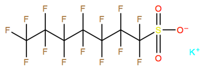 Structural representation of 1-Heptanesulfonic acid, 1,1,2,2,3,3,4,4,5,5,6,6,7,7,7-pentadecafluoro-, potassium salt