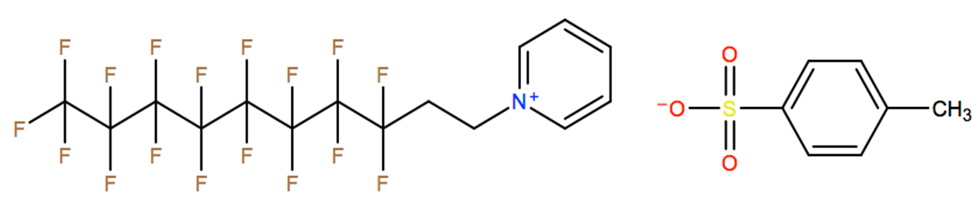 Structural representation of Pyridinium, 1-(3,3,4,4,5,5,6,6,7,7,8,8,9,9,10,10,10-heptadecafluorodecyl)-, salt with 4-methylbenzenesulfonic acid (1:1)