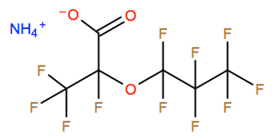 Structural representation of Hexafluoropropylene oxide dimer acid ammonium salt