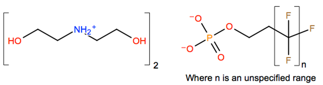 Structural representation of Ethanol, 2,2'-iminobis-, compd. with α-fluoro-ω-[2-(phosphonooxy)ethyl]poly(difluoromethylene) (2:1)
