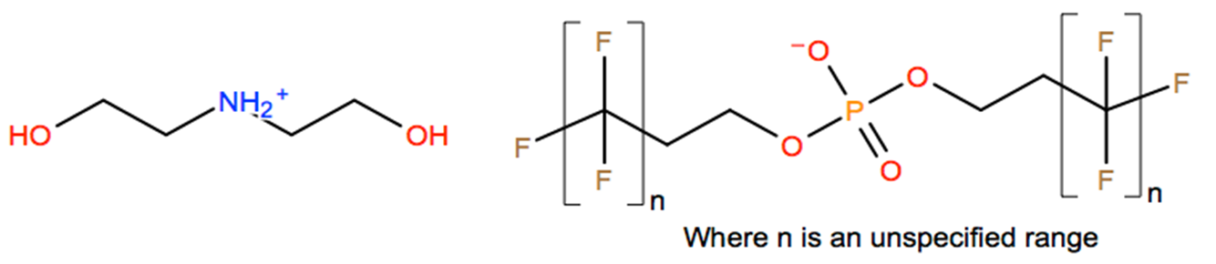 Structural representation of Ethanol, 2,2'-iminobis-, compd. with α,α'-[phosphinicobis(oxy-2,1-ethanediyl)]bis[ω-fluoropoly(difluoromethylene)] (1:1)