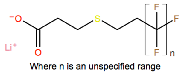 Structural representation of Poly(difluoromethylene), α-[2-[(2-carboxyethyl)thio]ethyl]-ω-fluoro-, lithium salt