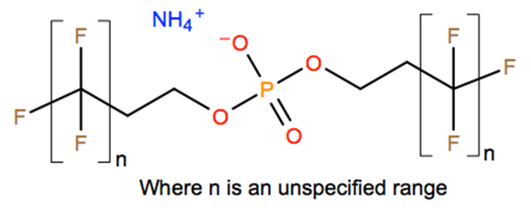 Structural representation of Poly(difluoromethylene), α,α'-[phosphinicobis(oxy-2,1-ethanediyl)]bis[ω-fluoro-, ammonium salt