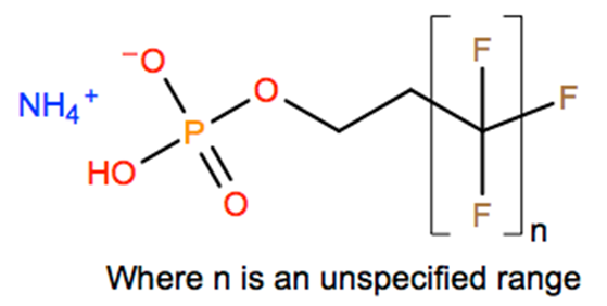 Structural representation of Poly(difluoromethylene), α-fluoro-ω-[2-(phosphonooxy)ethyl]-, monoammonium salt