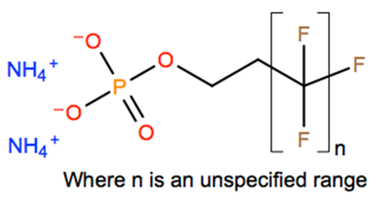 Structural representation of Poly(difluoromethylene), α-fluoro-ω-[2-(phosphonooxy)ethyl]-, diammonium salt