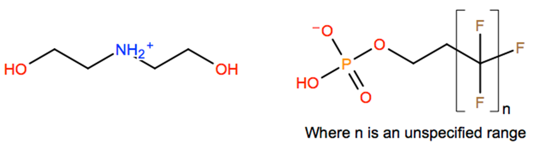 Structural representation of Ethanol, 2,2'-iminobis-, compd. with α-fluoro-ω-[2-(phosphonooxy)ethyl]poly(difluoromethylene) (1:1)