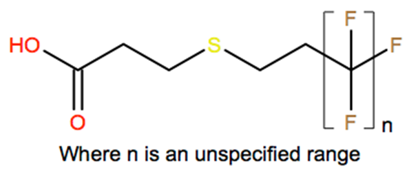 Structural representation of Poly(difluoromethylene), α-[2-[(2-carboxyethyl)thio]ethyl]-ω-fluoro-