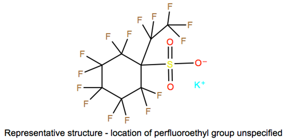 Structural representation of Cyclohexanesulfonic acid, decafluoro(pentafluoroethyl)-, potassium salt