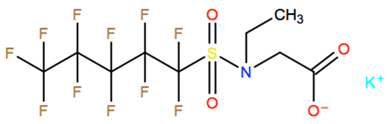 Structural representation of Glycine, N-ethyl-N-[(undecafluoropentyl)sulfonyl]-, potassium salt