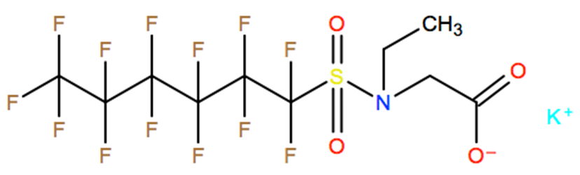 Structural representation of Glycine, N-ethyl-N-[(tridecafluorohexyl)sulfonyl]-, potassium salt