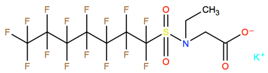 Structural representation of Glycine, N-ethyl-N-[(pentadecafluoroheptyl)sulfonyl]-, potassium salt