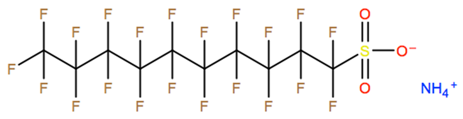 Structural representation of 1-Decanesulfonic acid, 1,1,2,2,3,3,4,4,5,5,6,6,7,7,8,8,9,9,10,10,10-heneicosafluoro-, ammonium salt