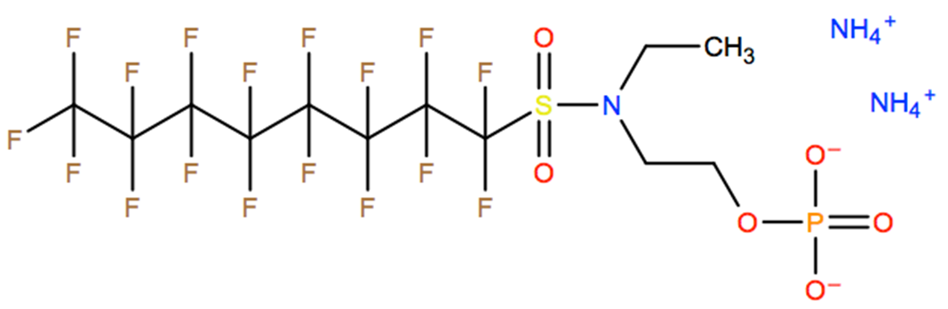 Structural representation of 1-Octanesulfonamide, N-ethyl-1,1,2,2,3,3,4,4,5,5,6,6,7,7,8,8,8-heptadecafluoro-N-[2-(phosphonooxy)ethyl]-, diammonium salt