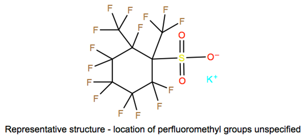 Structural representation of Cyclohexanesulfonic acid, nonafluorobis(trifluoromethyl)-, potassium salt