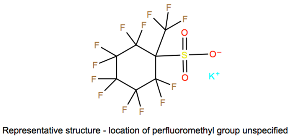 Structural representation of Cyclohexanesulfonic acid, decafluoro(trifluoromethyl)-, potassium salt